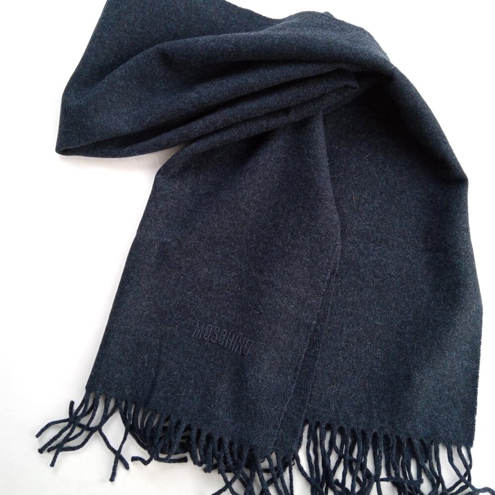 MOSCHINO Men's Fringed Merino Wool Scarf Made In Italy Dark Gray Mélange Logo